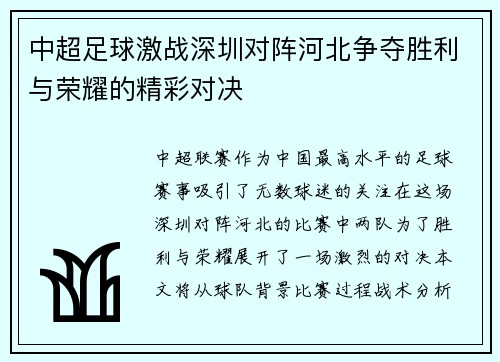 中超足球激战深圳对阵河北争夺胜利与荣耀的精彩对决
